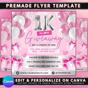 Flyer 1K weggeefactie, sjabloonontwerp DIY-flyer, flyer mijlpaalwedstrijd, win productloterijticketflyer, vooraf gemaakte Instagram-jubileumflyer