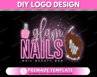 May include: A pink and silver logo design for a nail salon called "glam NAILS" with the text "NAIL BEAUTY BAR" below. The logo features a hand with long, glittery nails and a pink nail polish bottle.