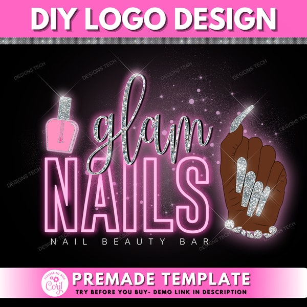 Nail Logo, DIY Logo Design Template, Nails Logo, Pink Neon Logo, Beauty Logo, Nagellack Logo, Makeup Salon Bar Logo, Premade Business Logo