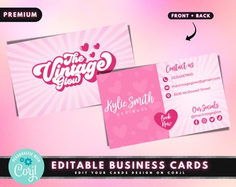 Pode incluir: Modelo de cartão de visita rosa e branco com um design de coração rosa. O texto no cartão diz "The Vintage Glow", "Kylie Smith CEO/BOSS", "Contact us", "(123)4567890", "thevintageglow@gmail.com", "3506 McDowell Street", "Book Now", "Our Socials", "@thevintageglow", e "Personalizar com Corjl".