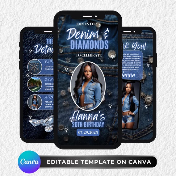 Denim and Diamonds Birthday Video Invitation, DIY Template Design, Animated Blue Jean and Diamonds Event Invite, Premade Elegant Denim Theme