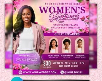 May include: A promotional flyer for a Women's Retreat, featuring a woman in a pink blazer. The flyer includes the text "Women's Retreat", guest speakers, and event details. The flyer is a template on Canva.