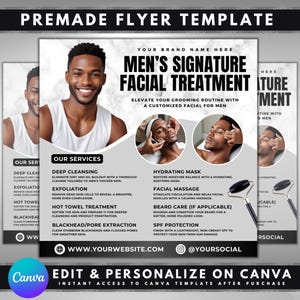 Op de afbeelding: Een zwart-witte flyertemplate voor een gezichtsbehandeling voor mannen. De flyer toont een foto van een man die een gezichtsmassage krijgt. De tekst op de flyer luidt "Mannen Signature Gezichtsbehandeling" en somt de aangeboden diensten op, waaronder dieptereiniging, exfoliëren, behandeling met een warme handdoek, verwijdering van mee-eters/poriën, hydraterend masker, gezichtsmassage, baardverzorging, SPF-bescherming en afwerking met een lichte, niet-vette SPF om uw huid te beschermen tegen zonneschade. De flyer bevat ook het websiteadres en de social media-handle.