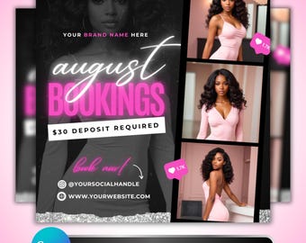 August Booking Flyer: Hair, Lash, Nail, MUA Beauty Salon Promotion Canva Template Design Digital