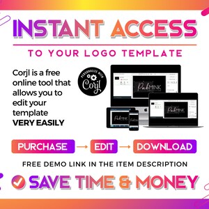 K&ouml;nnte beinhalten: Eine Grafik mit einem rosa, orangefarbenen und gelben Hintergrund. Der Text "INSTANT ACCESS TO YOUR LOGO TEMPLATE" ist wei&szlig;. Der Text "Corjl ist ein kostenloses Online-Tool, mit dem Sie Ihre Vorlage SEHR EINFACH bearbeiten k&ouml;nnen" ist schwarz. Der Text "KAUFEN BEARBEITEN HERUNTERLADEN" ist wei&szlig; auf roten, orangefarbenen und gelben Schaltfl&auml;chen. Der Text "KOSTENLOSER DEMO-LINK IN DER ARTIKELBESCHREIBUNG" ist schwarz. Der Text "SPARE ZEIT & GELD" ist wei&szlig; auf einem gr&uuml;nen H&auml;kchen. Die Grafik zeigt einen Computerbildschirm mit einem Logo-Designprogramm. Der Text "PERSONALIZE WITH Corjl" ist wei&szlig; auf einem schwarzen Kreis mit Zahnr&auml;dern. Der Text "PakMINK" ist wei&szlig; auf einem schwarzen Hintergrund.