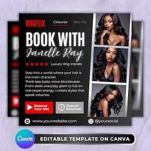 May include: A promotional graphic for Wigflix advertising wig installation services by Janelle Ray. The design features images of women with long, dark, wavy hair, and includes the text "Luxury Wig Installs" and calls to action to reserve a slot and a deposit required.