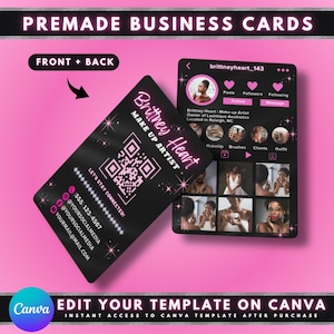 Cartes de visite Instagram, création de modèle de carte de visite bricolage Canva, cartes de visite pour salon de coiffure, cartes IG premade maquillage cheveux beauté