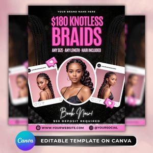 Braids Flyer Template, Hair Braiding Price List, Beauty Salon Price Flyer, Editable Canva Hair Stylist Template, Hair Braider Services Menu