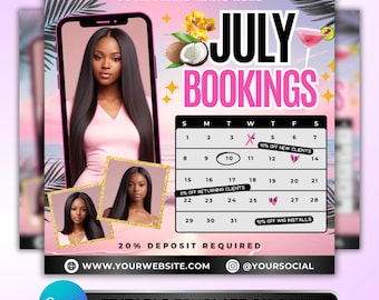 July Bookings Flyer: Hair, Wig, Lash, Nail Beauty Salon Promotion Canva Template Monthly Marketing