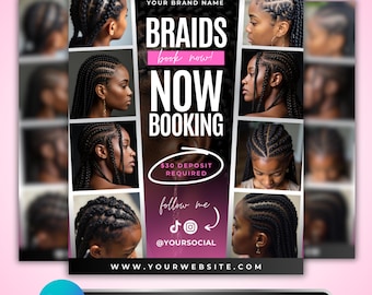Zöpfe Flyer: Knotenlose Flechterin Jetzt Akzeptieren von Terminen Social Media Promo Post, Canva Template