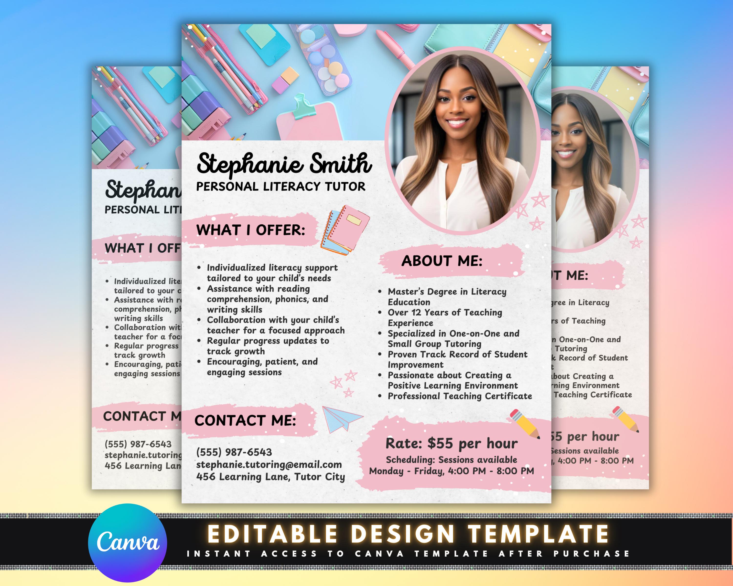 Tutoring Services Flyer, DIY Flyer Template Design, Summer Tutor Flyer, Elementary Tutor, Middle School Flyer, Premade Educational Services