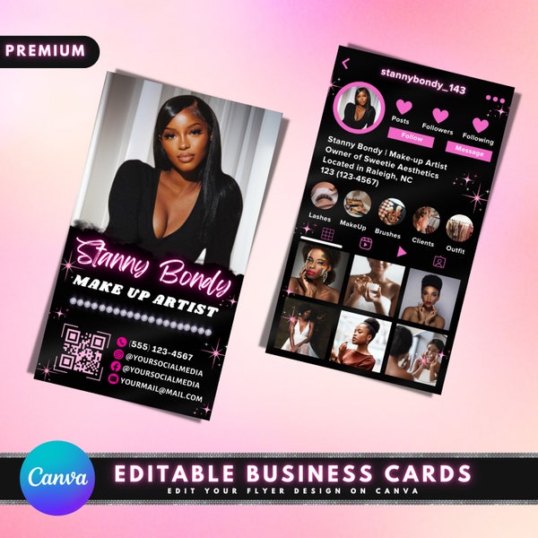 Instagram Business Cards, DIY Canva Template Design, Black And Pink Lash Card, Make Up Artist Salon Cards, Premade Lash Beauty Business Card