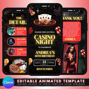 Invitación animada para fiesta de casino, diseño de plantilla DIY, invitación de cumpleaños de casino, cumpleaños de noche de póker en Las Vegas, invitación electrónica prediseñada para fiesta de juegos de azar