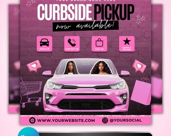以下が含まれることがあります： 「CURBSIDE PICKUP now available!」のテキストと、ドライブアップ、連絡先、ピックアップ、レビューのアイコンが描かれたピンク色のグラフィック。2人の女性が乗ったピンク色の車が中央にあります。ウェブサイトとソーシャルメディアの情報が含まれています。