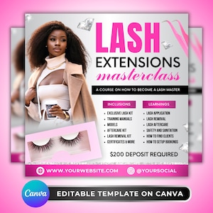 May include: A promotional graphic for a lash extensions masterclass. The design features a woman, lash extensions, and text in pink and white. The text includes "LASH EXTENSIONS masterclass" and a list of inclusions and learnings. The graphic also includes website and social media information.