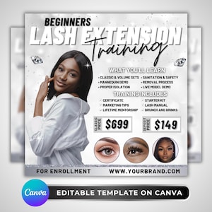 Puede incluir: Un folleto promocional para la formación de extensiones de pestañas para principiantes. El folleto presenta a una mujer e incluye texto sobre lo que se aprenderá, las inclusiones de la formación y los precios. El folleto es una plantilla editable de Canva.