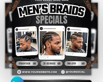 Folleto de trenzas para hombres, Plantilla de folleto para diseño propio, Folleto con ofertas especiales para reservar trenzas, Folleto de estilista masculino, Folleto de servicios de trenzas prefabricadas