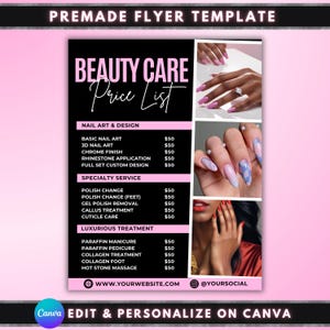 Pode incluir: Um modelo de lista de preços de cuidados de beleza rosa e preto. O folheto inclui uma lista de preços para nail art e design, serviços especializados e tratamentos luxuosos. O folheto também inclui imagens de unhas cuidadas.