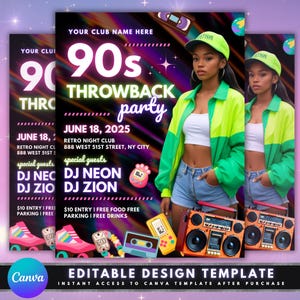 Puede incluir: Un cartel promocional para una fiesta de los 90, con una mujer con una chaqueta verde neón y pantalones cortos de mezclilla. El cartel incluye la fecha, el lugar y los nombres de los DJ. También se muestran patines, una cinta de cassette y un radiocasete.