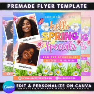 May include: A flyer with a rainbow background and flowers. The text says "hello spring specials" with a 50% off storewide sale. The flyer is for a hair salon and features photos of women with braids.