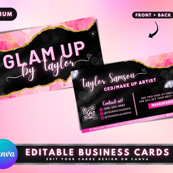 Tarjetas de visita Glam, diseño de plantilla de tarjeta de visita DIY, tarjetas de visita boutique de belleza, tarjeta de visita rosa mármol, tarjetas de visita prefabricadas