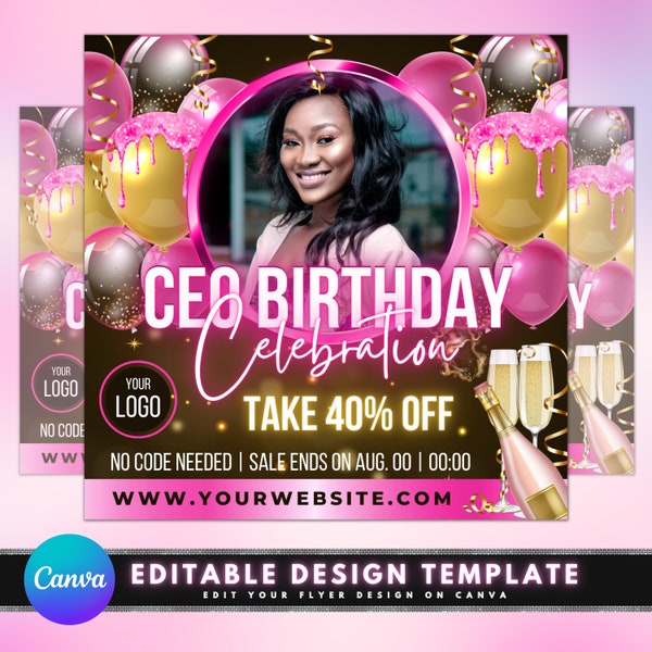 CEO Birthday Discount Flyer, DIY Flyer Template Design, Celebration Sale Flyer, Hair Flyer, Beauty Boutique Flyer, Premade Business Flyer