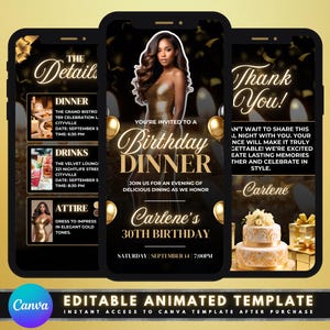 Animated Birthday Dinner Video Invitation, DIY Template Design, Instagram Story Invite, Premade Gold Party Celebration Event Digital Einvite