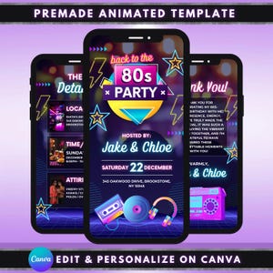 Animated Birthday Party Video Invitation, DIY Template Design, 80s Neon Party Invite, Premade Retro Vintage Party Celebration Digital Invite