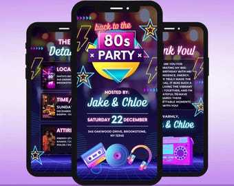 Animated Birthday Party Video Invitation, DIY Template Design, 80s Neon Party Invite, Premade Retro Vintage Party Celebration Digital Invite