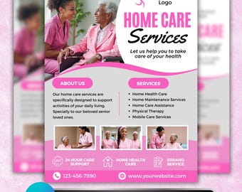 Home Care Service Flyer, DIY Flyer Template Design, Healthcare Assistance Flyer, Elderly Care Service Flyer, Premade Senior Caregiving Flyer