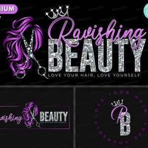 May include: A set of three logos for a hair salon. The first logo features a purple silhouette of a woman's hair with scissors and a crown. The second logo features the text "Ravishing Beauty" in silver glitter with a purple outline. The third logo features a silver glitter "B" with a purple crown and the text "Love Your Hair, Love Yourself".