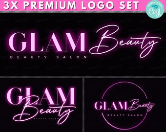 Beauty Salon Logo: Neon Pink Glam Design, Hair Makeup Boutique Brand, Editable Corjl Template