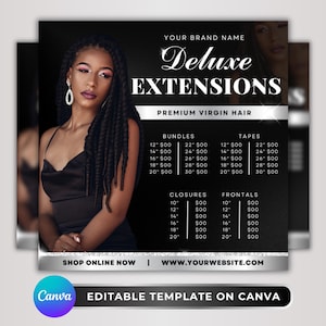 以下が含まれることがあります： Deluxe Extensionsのプロモーション画像。長い三つ編みの女性が特徴です。「Deluxe Extensions」、「Premium Virgin Hair」、バンドル、テープ、クロージャー、フロントの価格リストが含まれています。画像にはウェブサイトアドレスとCanvaのロゴも含まれています。
