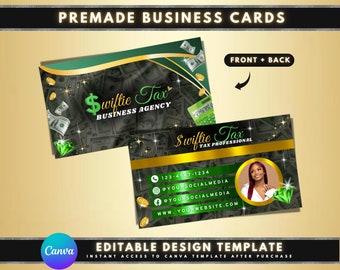 May include: Editable business card template for a tax professional. The front of the card features a green and gold design with the text "Swiftie Tax" and "Business Agency". The back of the card features a similar design with the text "Swiftie Tax" and "Tax Professional".
