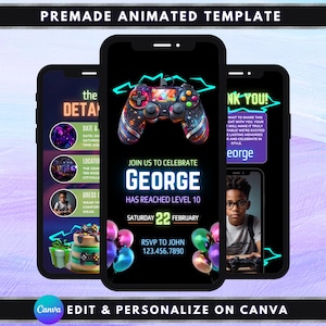 Faire-part vidéo animé de fête d'anniversaire de jeu, conception de modèle DIY, invitation de partie de jeu vidéo, partie numérique d'arcade, Premade Gamer Boy Evite