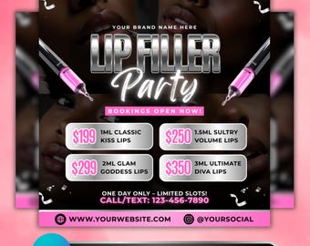 Könnte beinhalten: Eine pink-schwarze Werbegrafik für eine Lippenfüller-Party. Der Text enthält "Lip Filler Party" und Preise für verschiedene Lippenfüller-Optionen. Die Grafik enthält auch Kontaktinformationen und Social-Media-Handles.