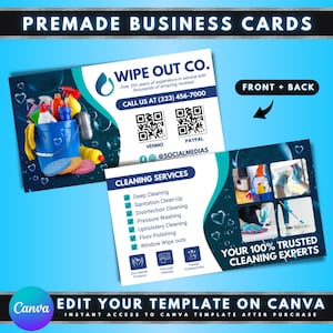 Cartões de visita de serviços de limpeza, design de modelo Canva faça você mesmo, cartão de limpeza, cartão de limpeza profissional, cartão de serviços de zeladoria pré-fabricado
