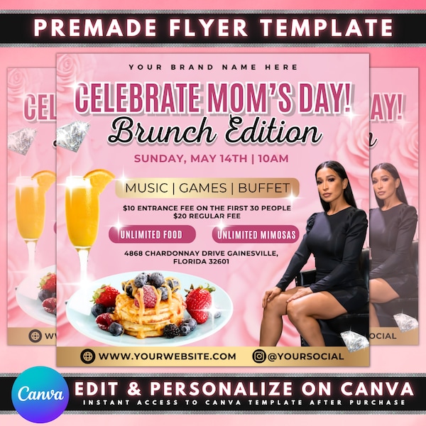 Mother's Day Brunch Flyer, DIY Flyer Template Design, Women's Brunch Invitation, Brunch Event Flyer, Premade Sunday Brunch Party Flyer