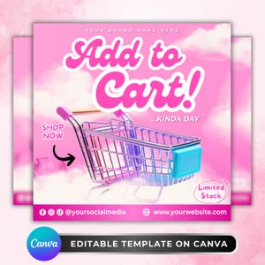 May include: Pink and white graphic with the text "Add to Cart!" and a shopping cart illustration. The image includes the text "Shop Now" and "Limited Stock". The bottom of the image has social media icons and website information.