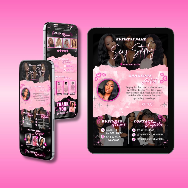 Perfect for beauty salon owners, hair stylists, lash artists, and makeup artists to customize and showcase their services online. Girly pink aesthetic with hearts and elegant script fonts ideal for beauty business branding and social media marketing