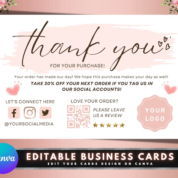 Tarjeta de agradecimiento, diseño de plantilla de tarjetas de marketing de bricolaje, tarjeta de agradecimiento por embalaje de pedido, tarjetas de agradecimiento de inserción de paquete, tarjeta para pequeñas empresas