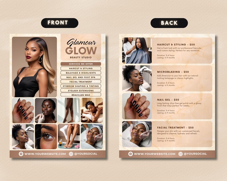 Salon Marketing
Hair and Beauty Studio
Modern Beauty Flyer
Service List Flyer
Beauty Services Flyer
Salon Marketing
Hair and Beauty Studio
Haircut & Styling
Nail Gel Service
Facial Treatment Flyer
Social Media-Ready Flyer
Hair and Skin Services