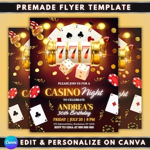 Casino Night verjaardagsuitnodiging, DIY flyer sjabloonontwerp, Vegas Casino slotmachine feestuitnodiging, premade blackjack pokerfeest e-uitnodiging