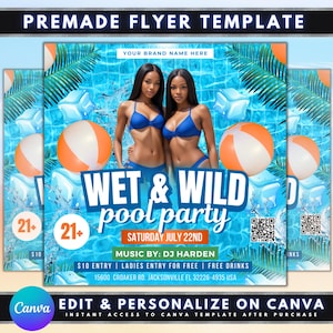 Pool Party Club Flyer, DIY Flyer Template Design, Adult Summer Beach Party Invite, Dance Club DJ Party, Premade 21+ Pool Party Invitation