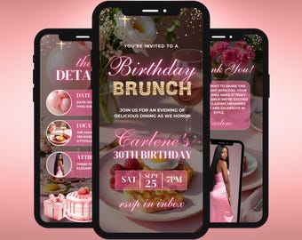 Animowane wideo z zaproszeniem na brunch urodzinowy, projekt szablonu DIY, eleganckie różowe zaproszenie, gotowe zaproszenie na przyjęcie, cyfrowe zaproszenie