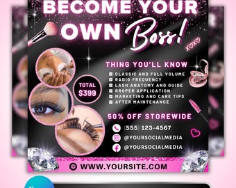 Lash Training Flyer: Extension Certification Course, Beauty Business Marketing, Become Your Own Boss, Canva Template