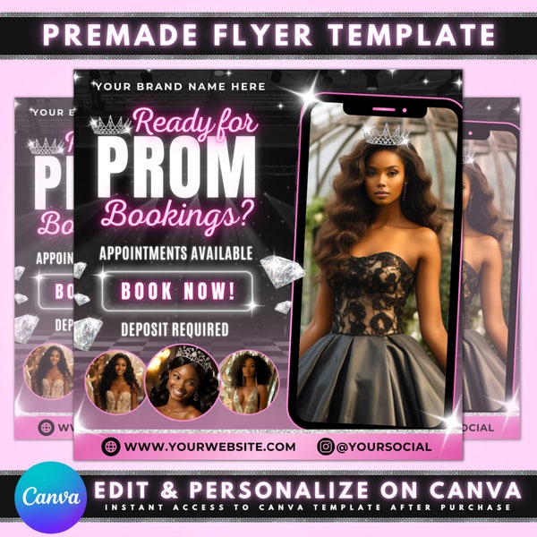 Prom Bookings Flyer, DIY Flyer Template Design, Prom Promo Package Flyer, Prom Deals Flyer, Prom Specials Flyer, Premade Hair Makeup Flyer