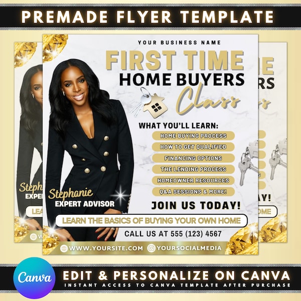 First Time Home Buyer Flyer, DIY Flyer Template Design, Home Buying Guide, Real Estate Flyer, Home Buying Class Flyer, Premade Realtor Flyer