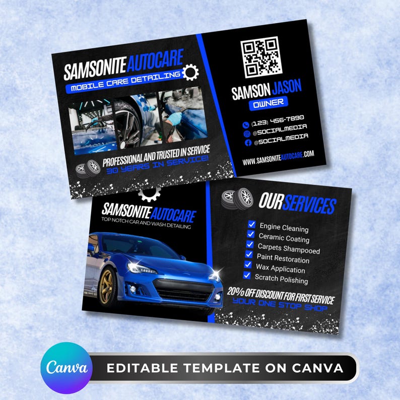 Auto Detailing Visitenkarten, DIY Canva Visitenkarten Vorlage Design, Auto Detailing Visitenkarten, Vorgefertigte QR Code Karten Bild 1