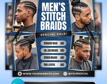 Men’s Stitch Braids Flyer: Professional Braiding Special, Men’s Hairstylist Promotion, Barber Marketing Canva Template